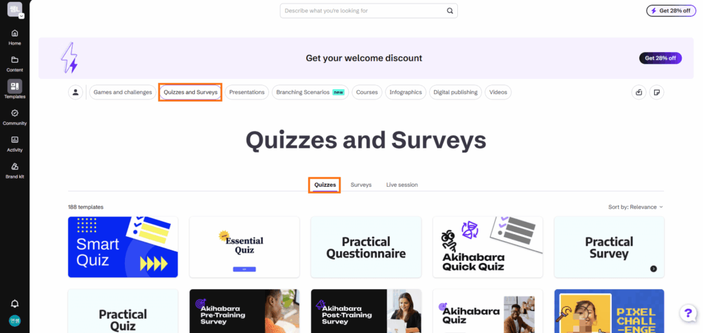 제니얼리 메인 화면에서 Quizzes and Surveys 카테고리를 선택하고 세부 퀴즈 템플릿 목록으로 진입하는 과정