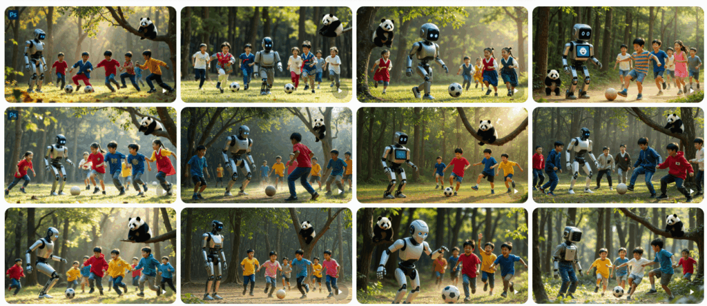 그록(Grok) AI를 활용해 생성한 다양한 스타일의 이미지들. 숲속에서 휴머노이드 로봇과 여러 명의 아이들이 축구공을 차며 즐겁게 놀고 있는 장면이 12개의 격자 형태로 나열된 모습. 나무 위에는 판다가 앉아 구경하는 창의적인 연출이 포함됨.