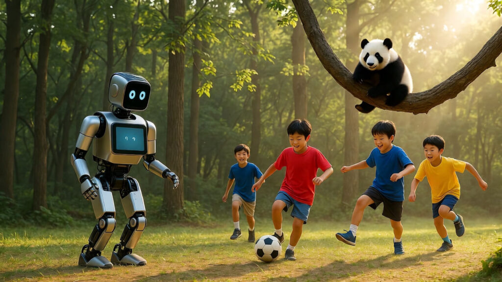 그록(Grok) AI로 생성한 숲속에서 축구하는 로봇과 아이들 이미지. 햇살이 비치는 숲을 배경으로 휴머노이드 로봇 한 대와 세 명의 아이들이 즐겁게 축구공을 차고 있으며, 오른쪽 위 나무 위에는 판다 한 마리가 앉아 구경하는 평화롭고 창의적인 장면.