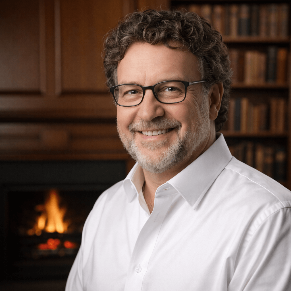 미리캔버스 AI로 수정한 후의 사진으로, 동일한 인물이 풍성하고 자연스러운 갈색 웨이브 머리카락과 안경을 착용하고 흰색 셔츠를 입고 있는 모습