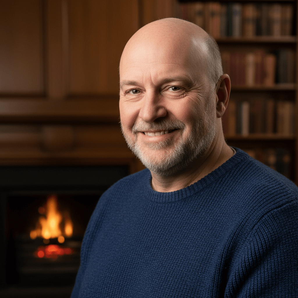 미리캔버스 AI 이미지 편집 전의 원본 사진으로, 실내 서재를 배경으로 파란색 니트를 입고 미소 짓고 있는 대머리 중년 남성의 모습