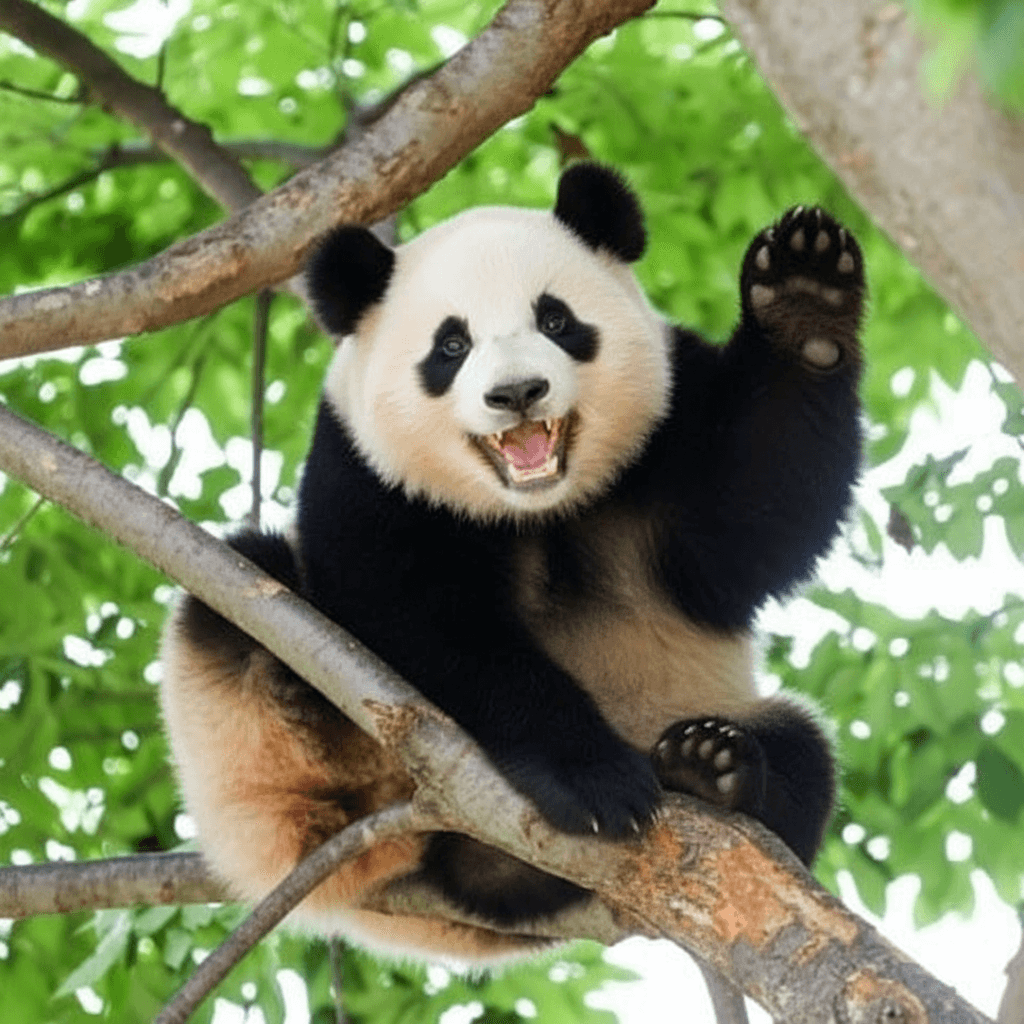 미리캔버스 AI로 수정한 푸바오의 모습으로, 입가에 환한 미소를 짓고 한쪽 앞발을 들어 친근하게 인사하는 동작을 하고 있는 모습