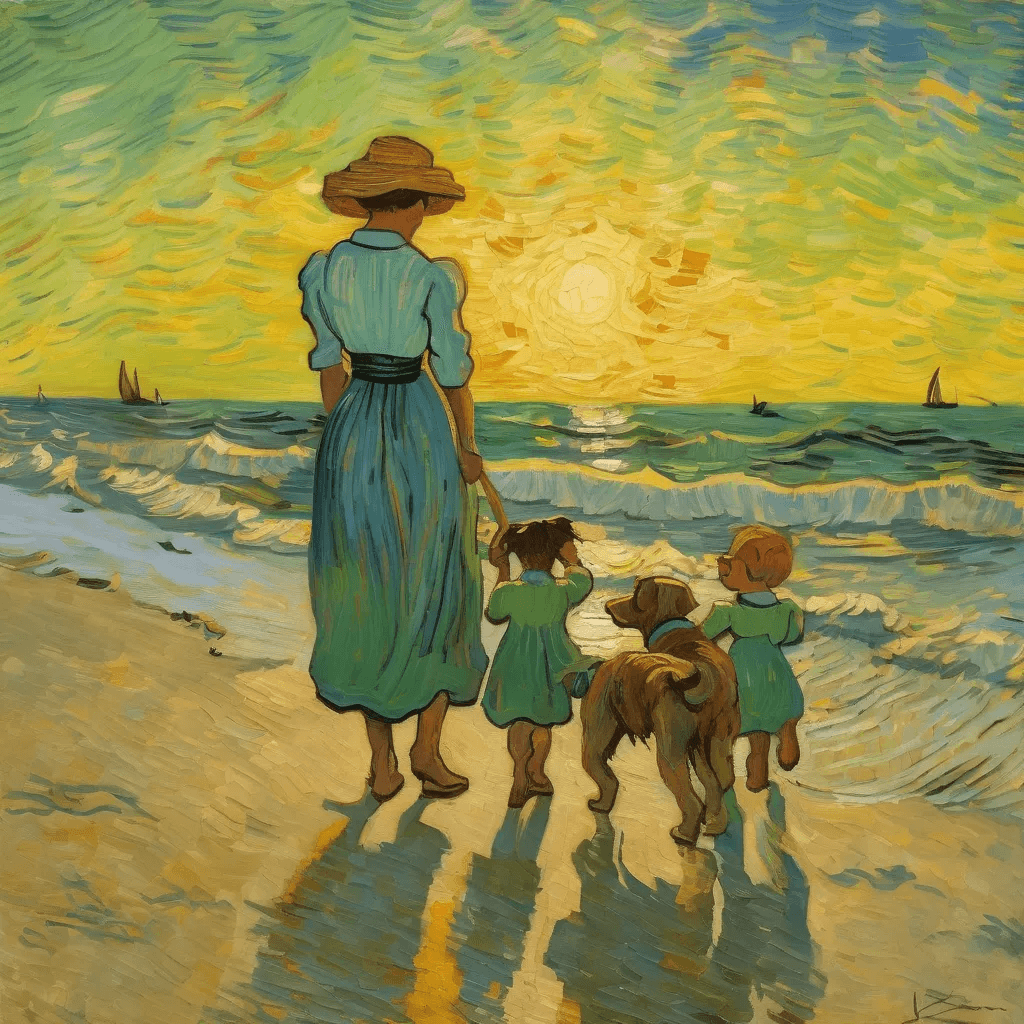투닝매직 UI 화면에서 '노을지는 바닷가, 행복한 가족, 강아지' 프롬프트를 입력하고 빈센트 반 고흐 스타일을 선택하여 생성된 유화 느낌의 이미지