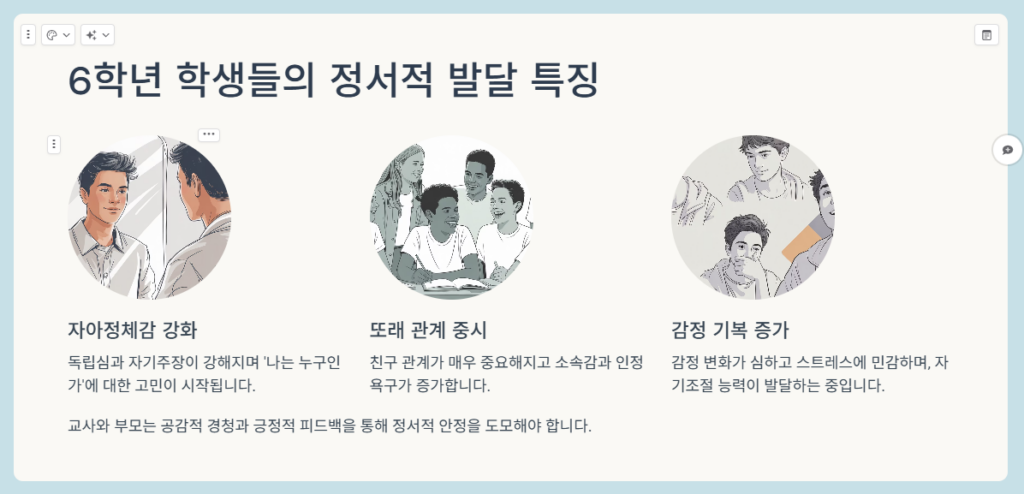 감마 AI로 제작된 '6학년 학생들의 정서적 발달 특징' 슬라이드 화면. 자아정체감 강화, 또래 관계 중시, 감정 기복 증가에 대한 설명과 함께 세 개의 일러스트가 배치된 전문적인 디자인