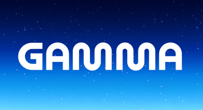 밤하늘의 별을 형상화한 푸른색 그라데이션 배경 위에 흰색으로 표기된 감마(Gamma) AI 공식 로고 이미지