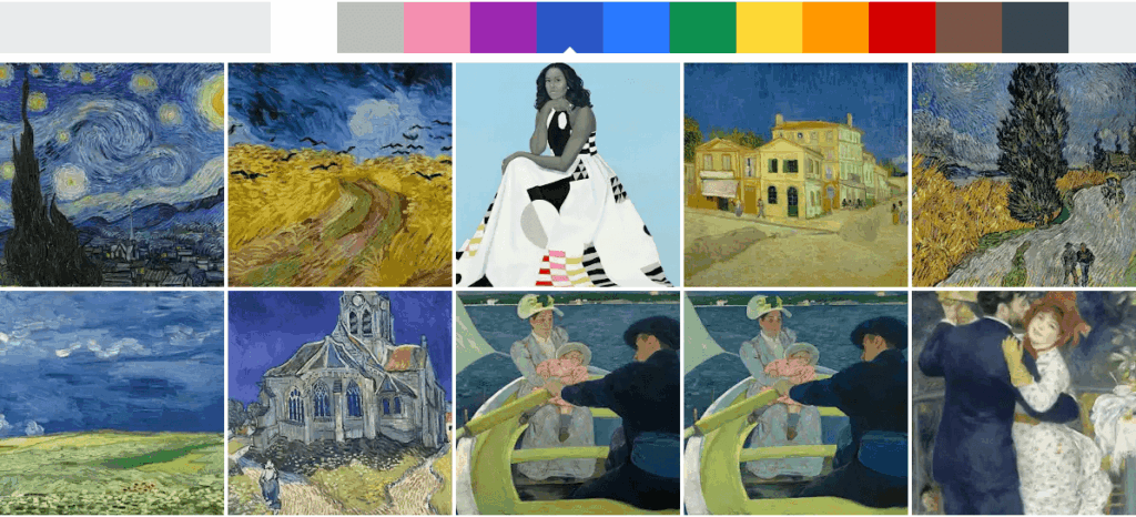 구글 아트앤컬쳐의 색상별 탐색 기능에서 파란색 팔레트를 선택했을 때 나타나는 화면. 고흐의 '별이 빛나는 밤'을 포함해 푸른색조가 강한 명화들이 격자 형태로 나열된 모습