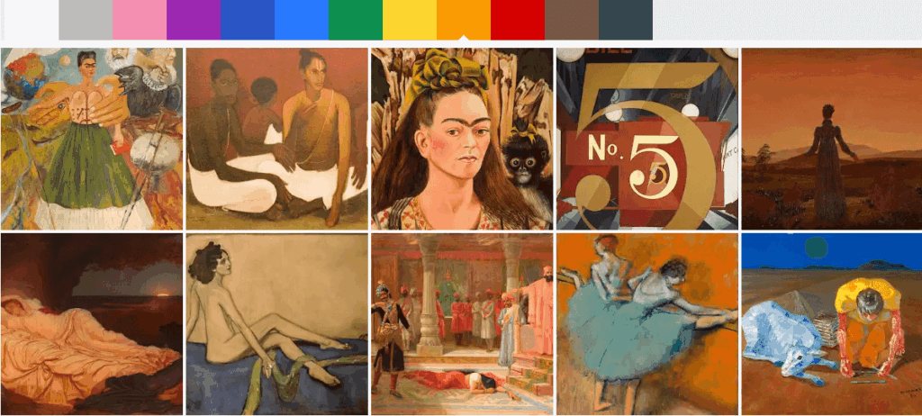 구글 아트앤컬쳐 색상별 탐색 기능에서 주황색 팔레트를 선택한 화면. 프리다 칼로의 초상화와 붉은 황토색, 오렌지색이 주를 이루는 다양한 예술 작품들이 검색된 결과