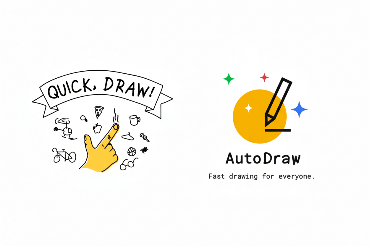 왼쪽에는 노란 손가락과 낙서들이 그려진 퀵드로우(Quick, Draw!) 로고가, 오른쪽에는 노란 원과 연필이 그려진 오토드로우(AutoDraw) 로고가 나란히 배치된 비교 이미지