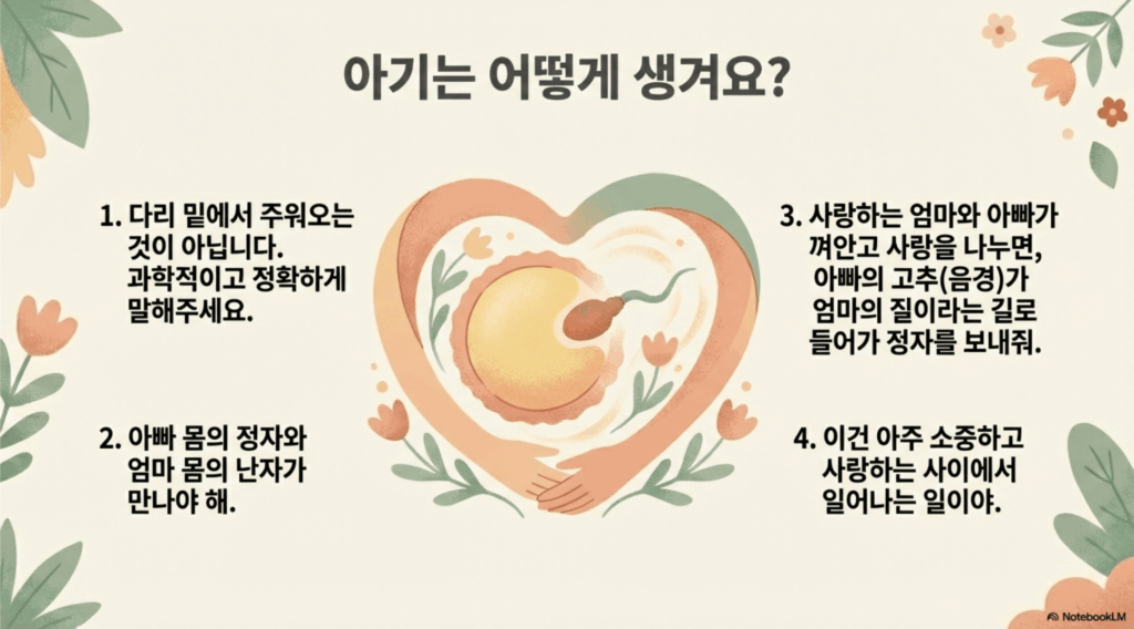 '아기는 어떻게 생겨요?'라는 질문에 대해 노트북LM이 생성한 교육용 슬라이드입니다. 정자와 난자의 만남을 따뜻한 색감의 하트 모양 일러스트로 표현하고, 소중하고 사랑하는 사이에서 일어나는 과학적인 과정임을 초등학생 눈높이에서 설명합니다.