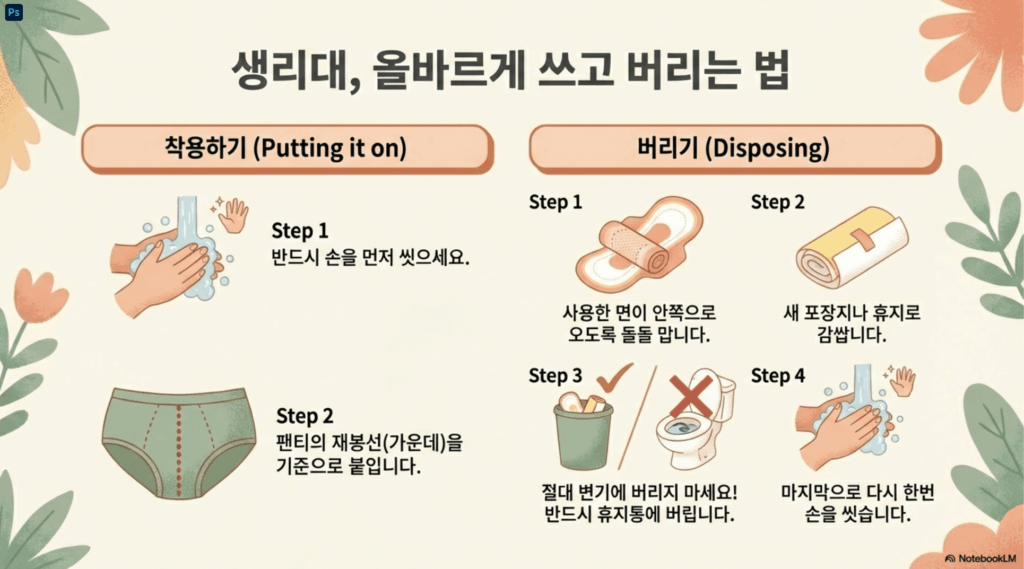 노트북LM으로 제작한 '생리대 올바르게 쓰고 버리는 법' 안내 슬라이드입니다. 착용하기 2단계와 버리기 4단계를 일러스트와 함께 상세히 설명하고 있으며, 특히 변기에 버리지 말라는 주의 사항을 명확하게 강조하고 있습니다.