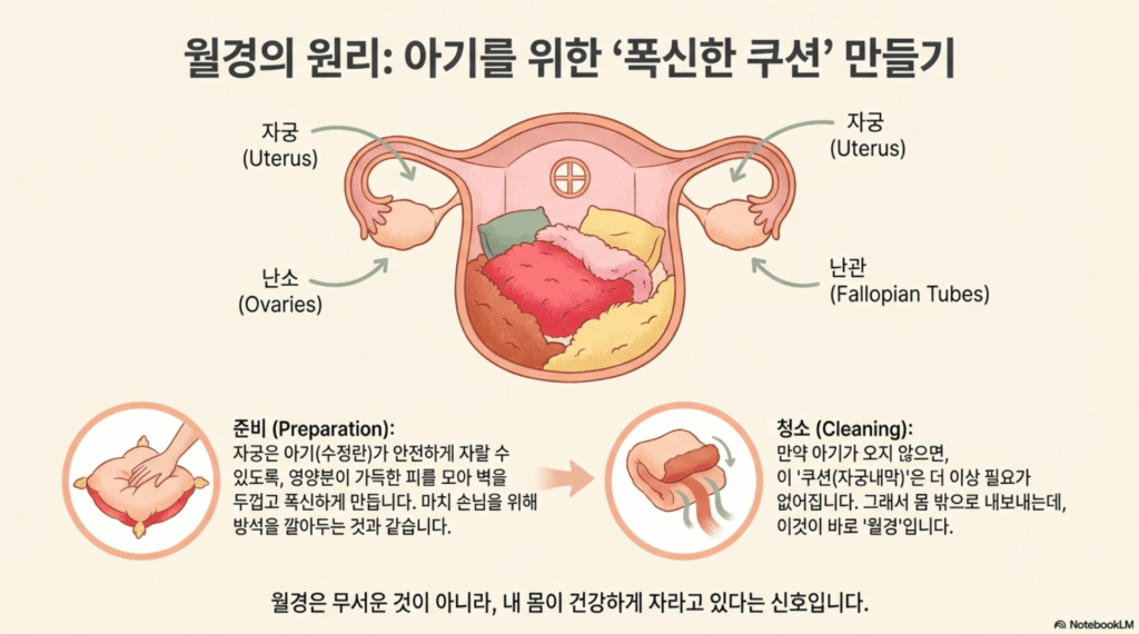노트북LM이 유튜브 소스를 분석해 생성한 '월경의 원리' 교육 슬라이드입니다. 자궁을 아기를 위한 '폭신한 쿠션'으로 비유하여 자궁, 난소, 난관의 구조를 시각화하고, 월경이 건강하게 자라고 있다는 신호임을 설명하는 내용이 담겨 있습니다.